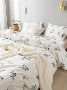 Leaf Print Duvet Cover Set Without Filler - White - View 2