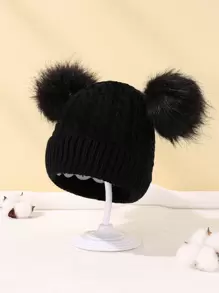 1pc Baby Plush Ball Decor Knit Hat - Black - View 1