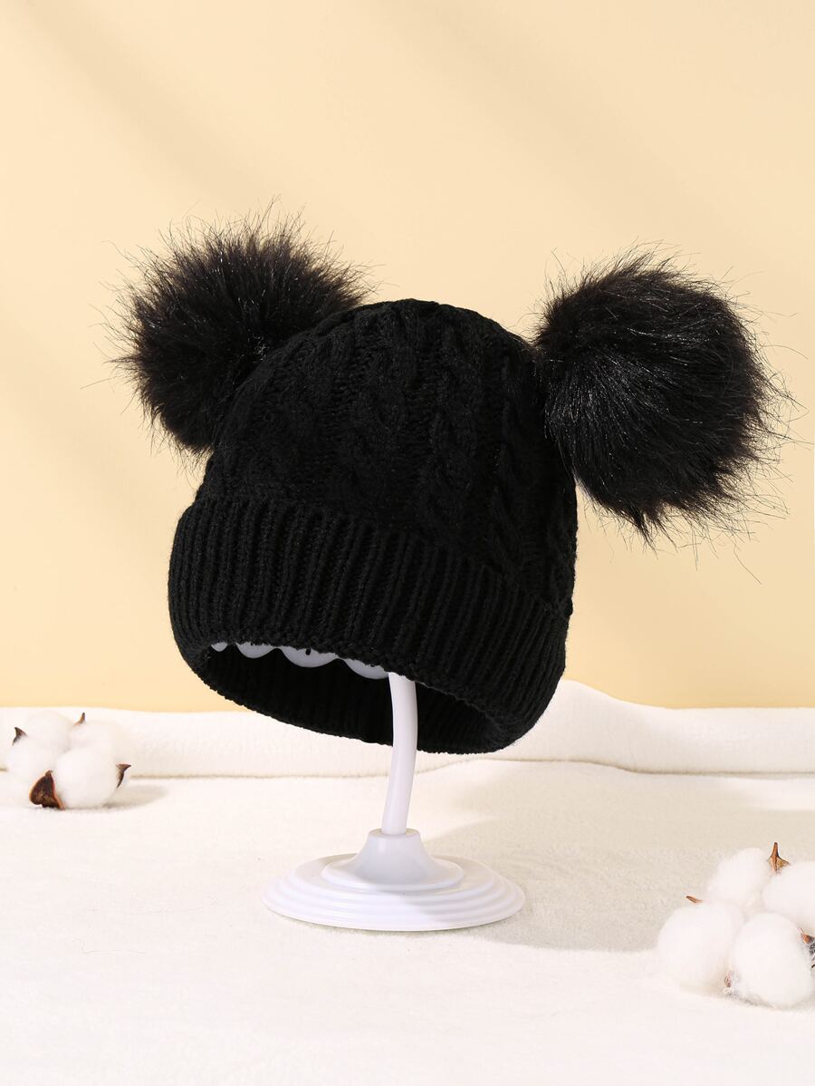 1pc Baby Plush Ball Decor Knit Hat - Black - View 1