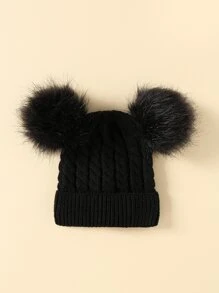 1pc Baby Plush Ball Decor Knit Hat - Black - View 2
