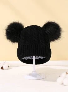 1pc Baby Plush Ball Decor Knit Hat - Black - View 3