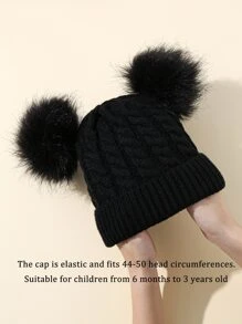 1pc Baby Plush Ball Decor Knit Hat - Black - View 4
