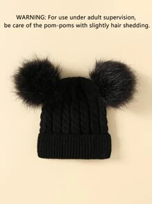 1pc Baby Plush Ball Decor Knit Hat - Black - View 5