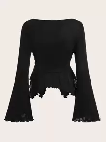 SHEIN ICON Flounce Sleeve Ruched Lettuce Trim Y2k Tee - Black - View 2