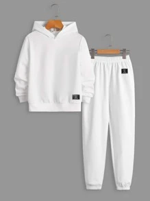 SHEIN Leap Crew Boys Patch Detail Hoodie & Joggers - White - View 1