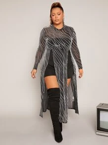 SHEIN SXY Plus Split Hem Glitter Mesh Top & Tube Unitard Romper - Black - View 3