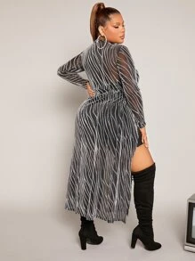 SHEIN SXY Plus Split Hem Glitter Mesh Top & Tube Unitard Romper - Black - View 2