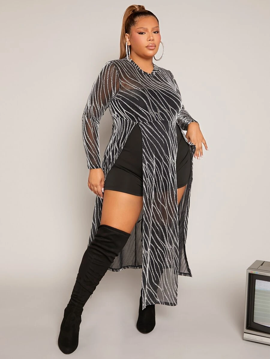 SHEIN SXY Plus Split Hem Glitter Mesh Top & Tube Unitard Romper - Black - View 1