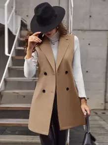SHEIN Clasi Double-Breasted Lapel Neck Sleeveless Coat,Ladies Spring/Fall Elegant Double Button Lapel Regular Fit Camel Plain Women Overcoats,Casual Daily Wear - Camel - View 1