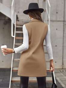 SHEIN Clasi Double-Breasted Lapel Neck Sleeveless Coat,Ladies Spring/Fall Elegant Double Button Lapel Regular Fit Camel Plain Women Overcoats,Casual Daily Wear - Camel - View 2
