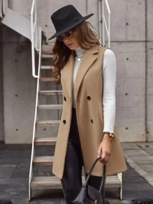 SHEIN Clasi Double-Breasted Lapel Neck Sleeveless Coat,Ladies Spring/Fall Elegant Double Button Lapel Regular Fit Camel Plain Women Overcoats,Casual Daily Wear - Camel - View 3