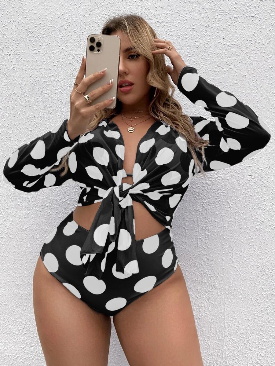 SHEIN Swim Curve 大码波尔卡圆点比基尼套装三角胸罩和高腰下装和罩衫 3 件套比基尼夏季海滩 - 黑色 - 查看 1