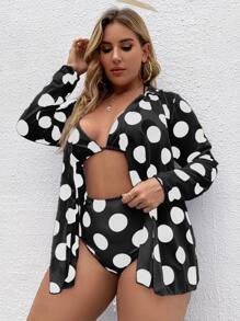 SHEIN Swim Curve 大码波尔卡圆点比基尼套装三角胸罩和高腰下装和罩衫 3 件套比基尼夏季海滩 - 黑色 - 查看 3