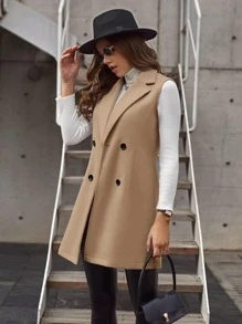 SHEIN Clasi Double-Breasted Lapel Neck Sleeveless Coat,Ladies Spring/Fall Elegant Double Button Lapel Regular Fit Camel Plain Women Overcoats,Casual Daily Wear - Camel - View 5