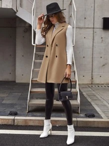 SHEIN Clasi Double-Breasted Lapel Neck Sleeveless Coat,Ladies Spring/Fall Elegant Double Button Lapel Regular Fit Camel Plain Women Overcoats,Casual Daily Wear - Camel - View 6