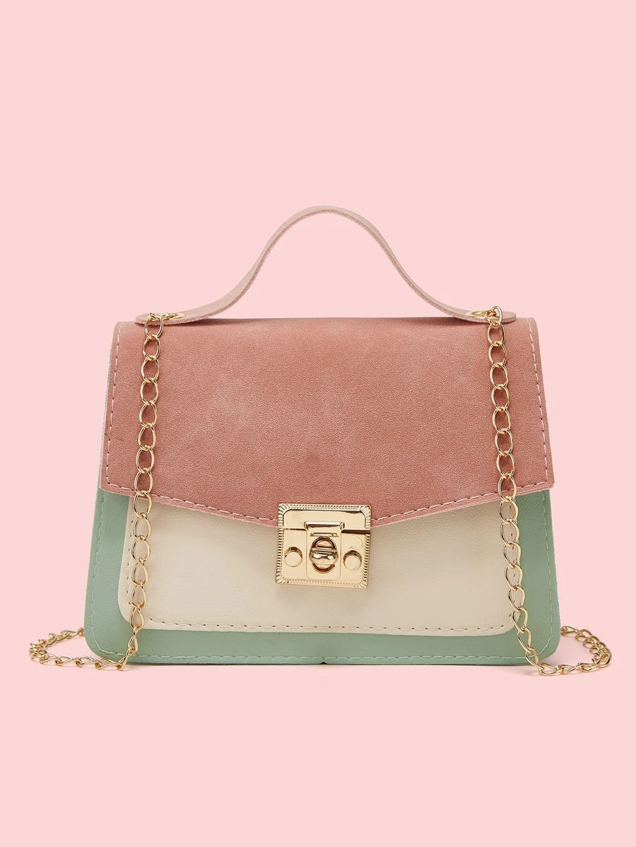 Không thấm nước, nhẹ, kiểu dáng công sở Mini Twist Lock Color Block Flap Chain Satchel Bag dành cho các cô gái tuổi teen Nữ sinh viên đại học, tân binh & nhân viên văn phòng Hoàn hảo cho văn phòng, đại học, công việc, kinh doanh, đi làm - màu xanh lá - Xem 1