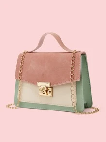 Không thấm nước, nhẹ, kiểu dáng công sở Mini Twist Lock Color Block Flap Chain Satchel Bag dành cho các cô gái tuổi teen Nữ sinh viên đại học, tân binh & nhân viên văn phòng Hoàn hảo cho văn phòng, đại học, công việc, kinh doanh, đi làm - màu xanh lá - Xem 2