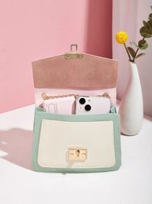 Không thấm nước, nhẹ, kiểu dáng công sở Mini Twist Lock Color Block Flap Chain Satchel Bag dành cho các cô gái tuổi teen Nữ sinh viên đại học, tân binh & nhân viên văn phòng Hoàn hảo cho văn phòng, đại học, công việc, kinh doanh, đi làm - màu xanh lá - Xem 3