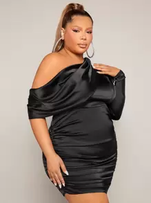 SHEIN SXY Vestido de cuello asimétrico fruncido de satén - Negro - Ver 3