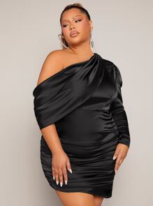 SHEIN SXY Vestido de cuello asimétrico fruncido de satén - Negro - Ver 5