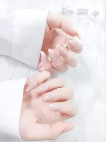 使用 24 片中长杏仁条纹假指甲轻松佩戴可拆卸按压指甲和 1 件指甲锉和 1 片胶带改变您的指甲用品指甲 - 彩色 - 查看 1
