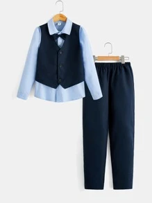 SHEIN 男孩前蝴蝶結襯衫和夾克背心和褲子