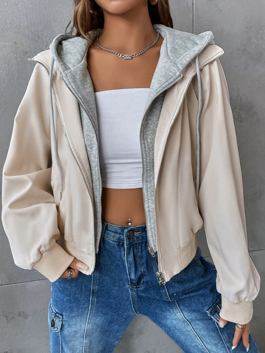 SHEIN EZwear 拉鏈開襟抽繩連帽假兩件夾克 - 米色 - 查看 1