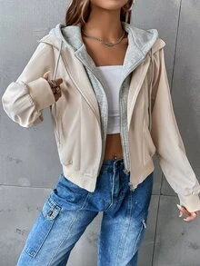 SHEIN EZwear 拉鏈開襟抽繩連帽假兩件夾克 - 米色 - 查看 3