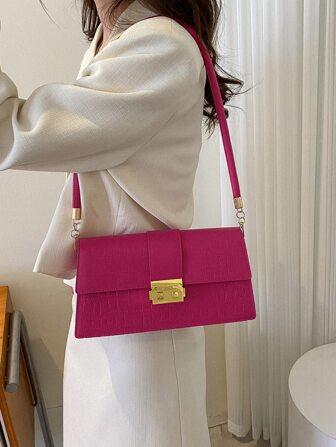 Neon Pink Crocodile Embossed Metal Decor Square Bag