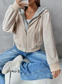 SHEIN EZwear 拉鏈開襟抽繩連帽假兩件夾克 - 米色 - 查看 5