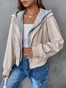 SHEIN EZwear 拉鏈開襟抽繩連帽假兩件夾克 - 米色 - 查看 6