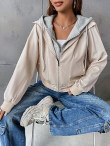 SHEIN EZwear 拉鏈開襟抽繩連帽假兩件夾克 - 米色 - 查看 8