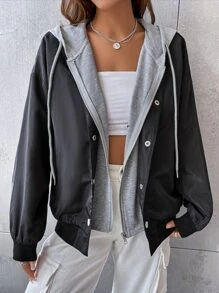 SHEIN EZwear Cazadora de hombros caídos con cordón con capucha 2 en 1 - Negro - Ver 1