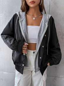 SHEIN EZwear Cazadora de hombros caídos con cordón con capucha 2 en 1 - Negro - Ver 4