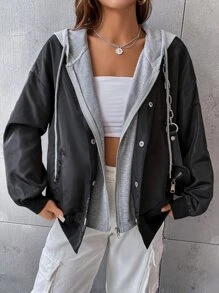 SHEIN EZwear Cazadora de hombros caídos con cordón con capucha 2 en 1 - Negro - Ver 7