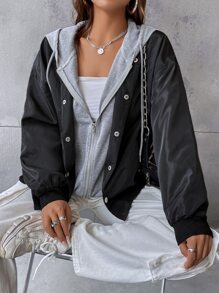 SHEIN EZwear Cazadora de hombros caídos con cordón con capucha 2 en 1 - Negro - Ver 8
