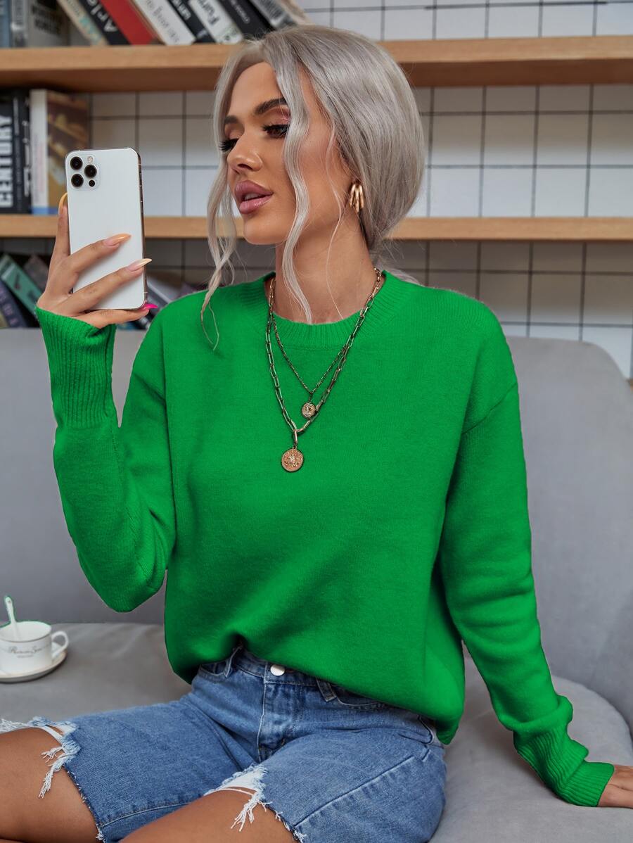 SHEIN LUNE Solid Drop Shoulder Jumper - Green - View 1