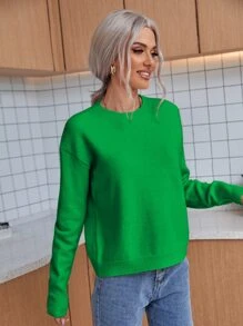 SHEIN LUNE Solid Drop Shoulder Jumper - Green - View 3