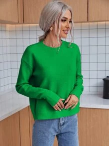 SHEIN LUNE Solid Drop Shoulder Jumper - Green - View 4