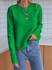 SHEIN LUNE Solid Drop Shoulder Jumper - Green - View 5