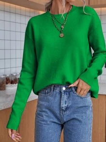 SHEIN LUNE Solid Drop Shoulder Jumper - Green - View 6