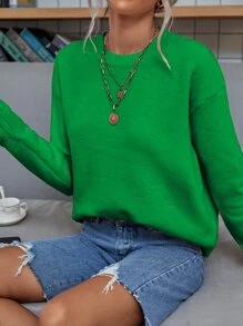 SHEIN LUNE Solid Drop Shoulder Jumper - Green - View 7