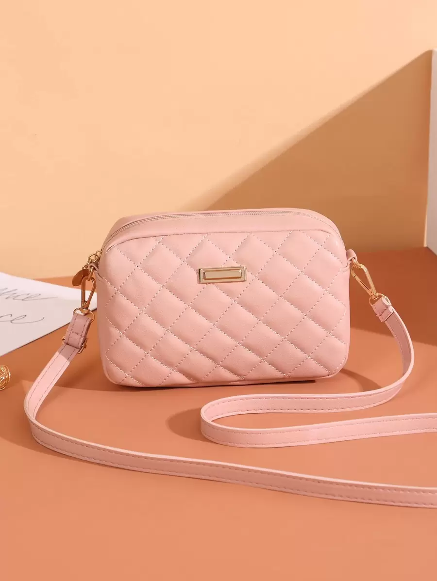 Mini Geometric Quilted Square Bag - Pink - View 1