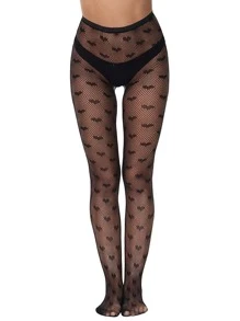 Bat Pattern Fishnet Tights - Black - View 1