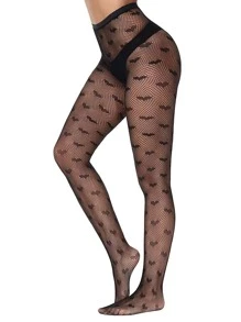 Bat Pattern Fishnet Tights - Black - View 2