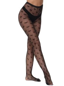 Bat Pattern Fishnet Tights - Black - View 4