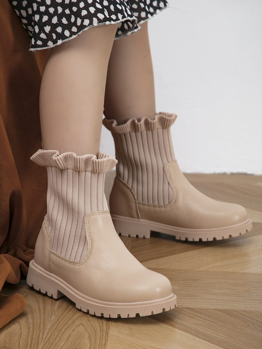 Niñas Botas calcetín ribete con fruncido - Albaricoque - Ver 1