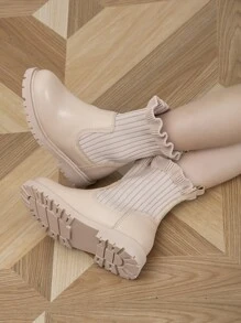 Niñas Botas calcetín ribete con fruncido - Albaricoque - Ver 2