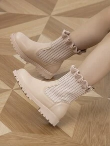 Niñas Botas calcetín ribete con fruncido - Albaricoque - Ver 3