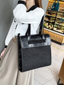 輕薄便攜大容量休閒時尚按扣翻蓋單肩手提包適合女孩、女士、大學生、新秀和白領秋季、冬季必備、工作、辦公室、通勤、學院、秋冬、戶外 - 黑色 - 查看 1